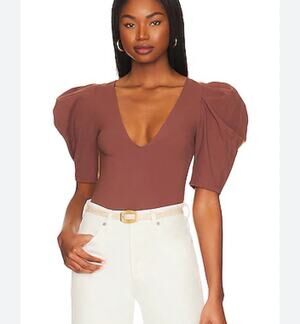Free People Va Va Voop Bodysuit in Java Brown Short Puff Sleeve Deep V Neck Sz S